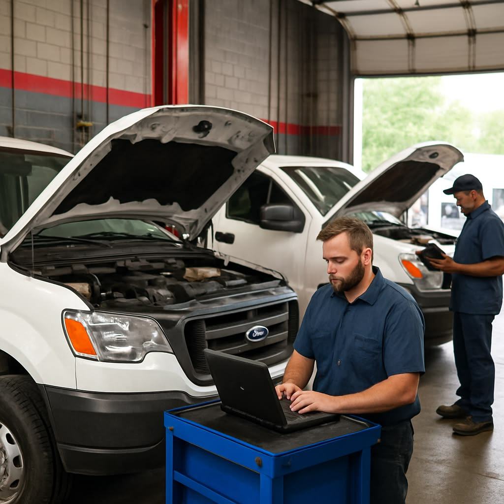 Technician running diagnostics on a vehicle